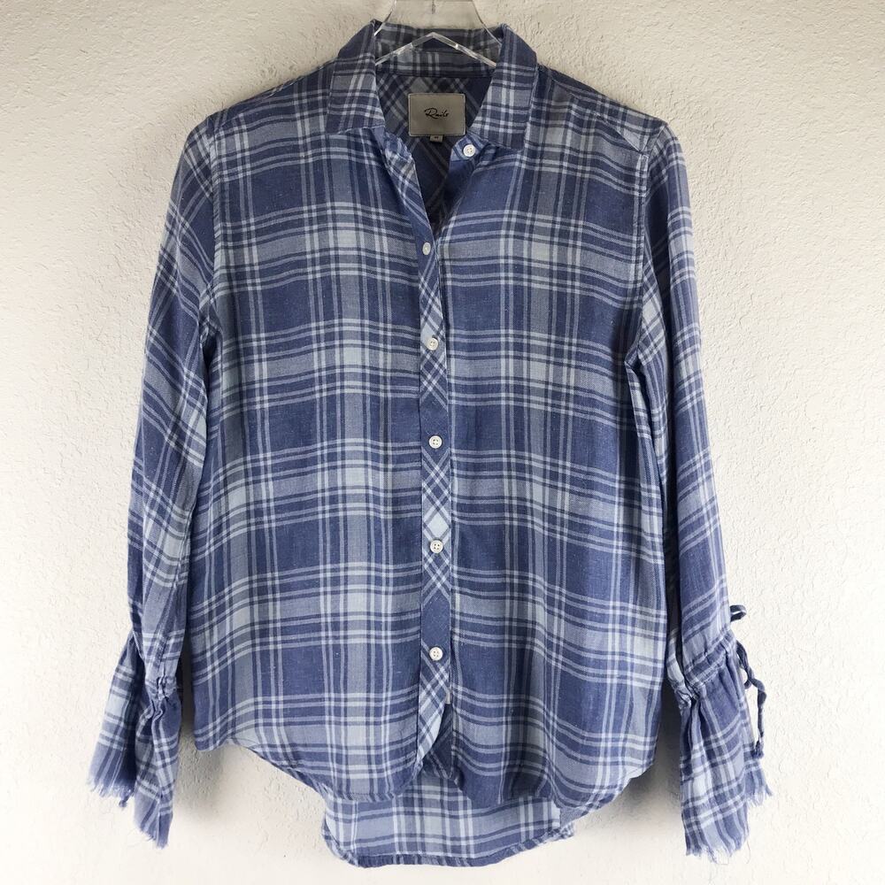 Rails Astrid Cali Blues Linen Blend Plaid Flannel Raw Cuff Button Front Shirt XS